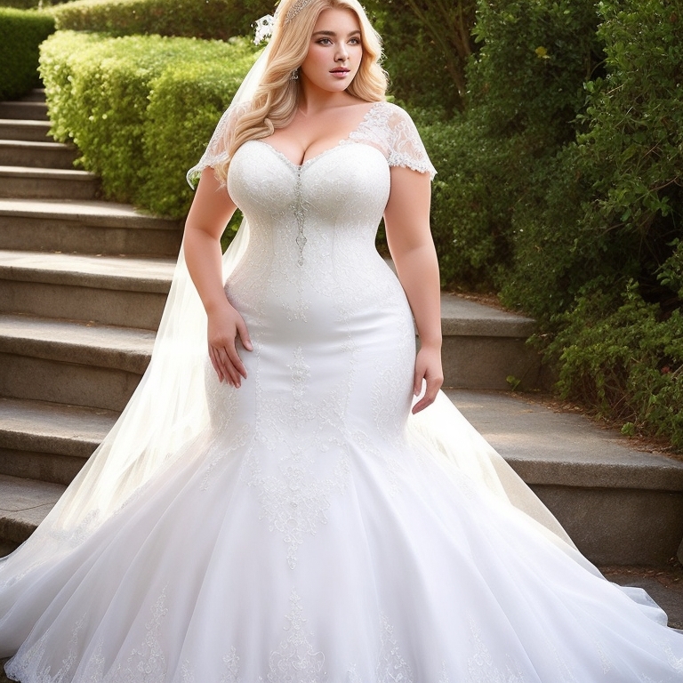 Plus sized blond bride in Mermaid style wedding dress, 