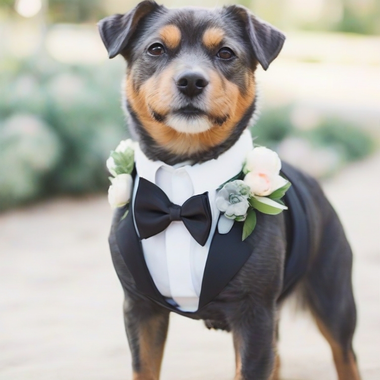 wedding dog in a mini tuxedo
